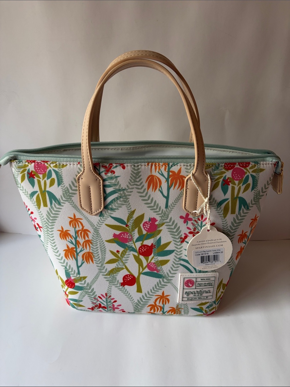 Spartina 449 Floral Canvas cooler Tote in White with Tan Handles and Mint Zip